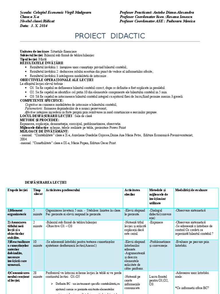 .Plan de Lectie-Bilantul Contabil Tip Tablou | PDF