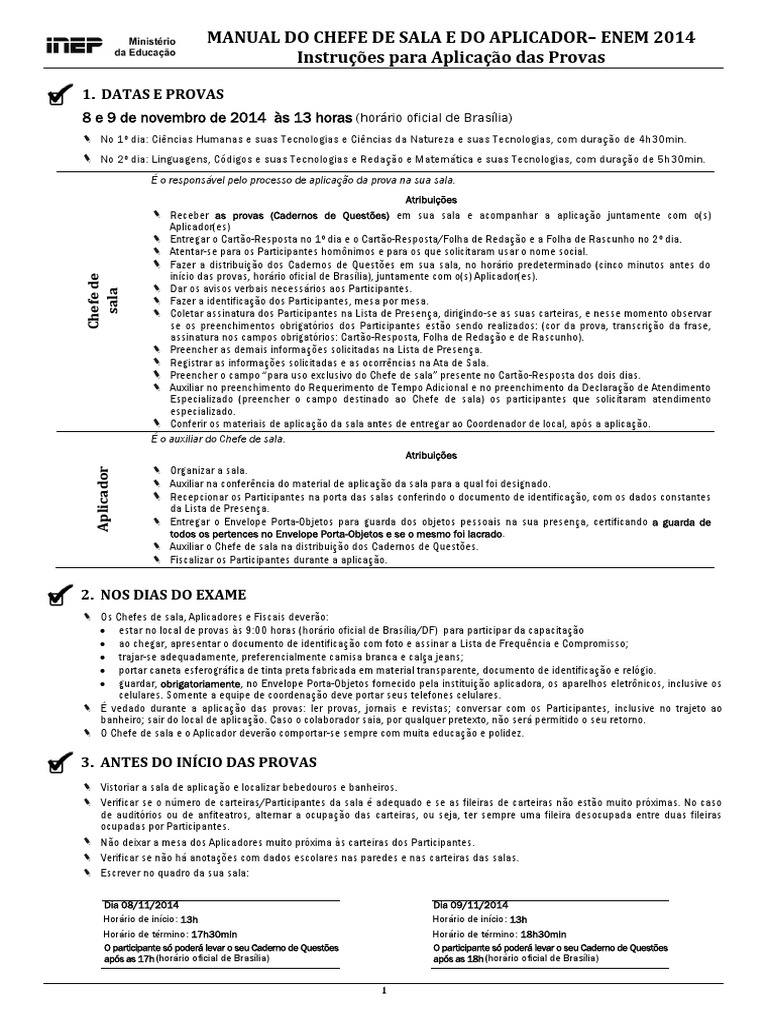 Manual Do Chefe De Sala E Do Aplicador Enem 2021