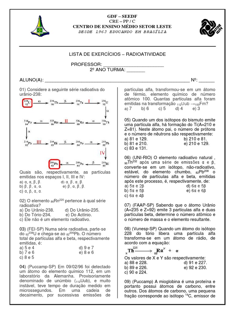 Lista de Exercícios sobre Radioatividade | PDF | Radioatividade | Átomos