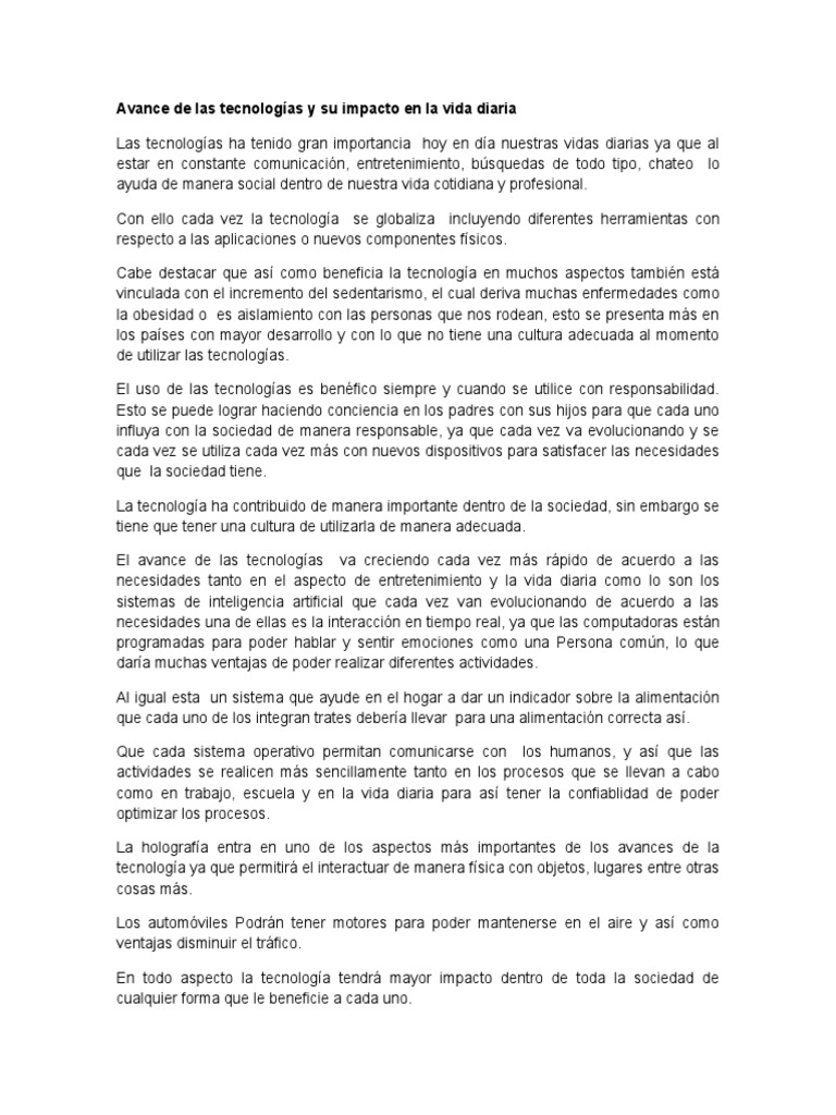 Avance de Las Tecnologías y Su Impacto en La Vida Diaria | PDF ...