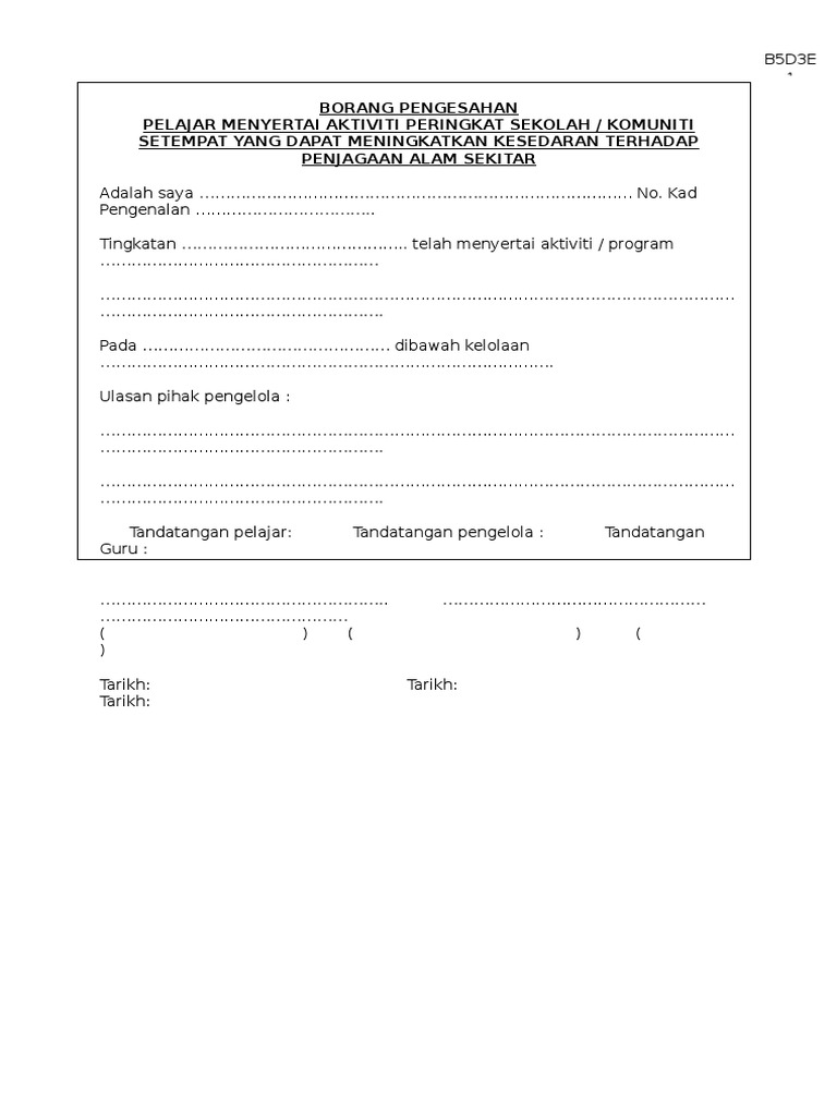 Borang Pengesahan Aktiviti Luar Contoh Pdf