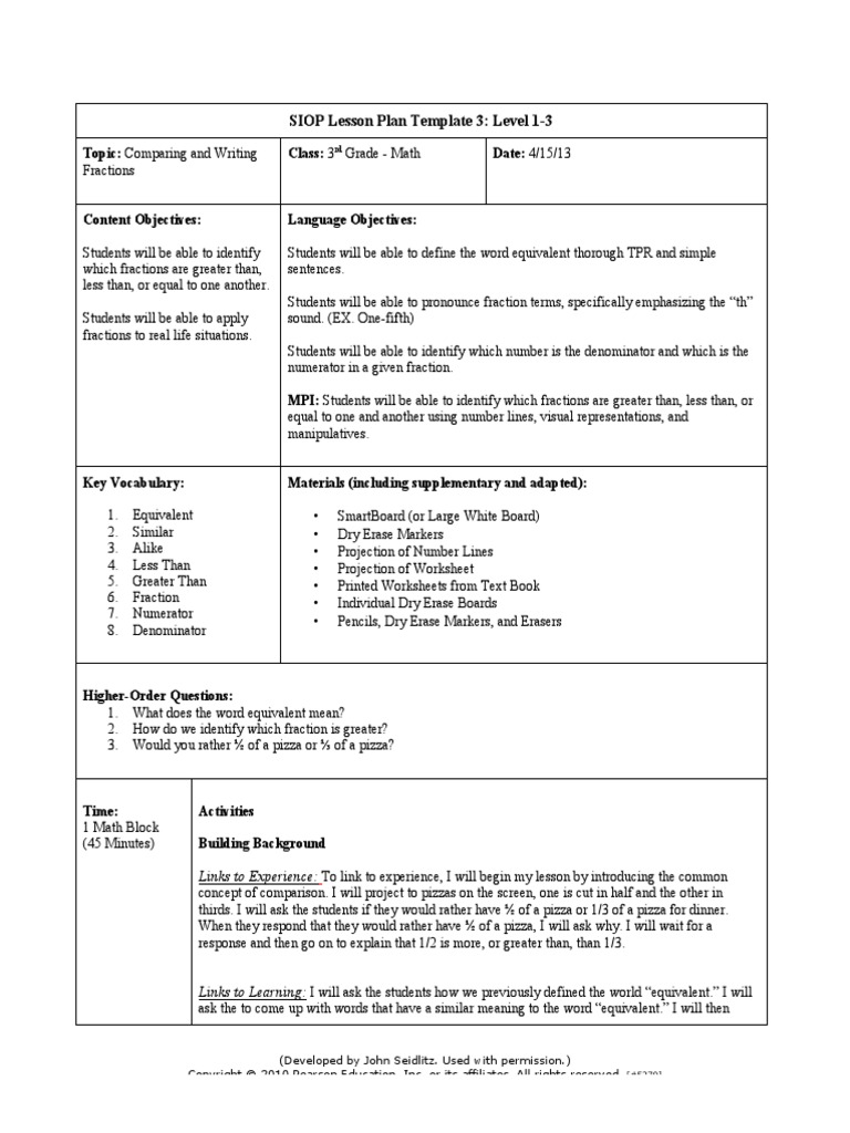 1 Siop Lesson Plan 1-3 | PDF | Fraction (Mathematics) | Worksheet