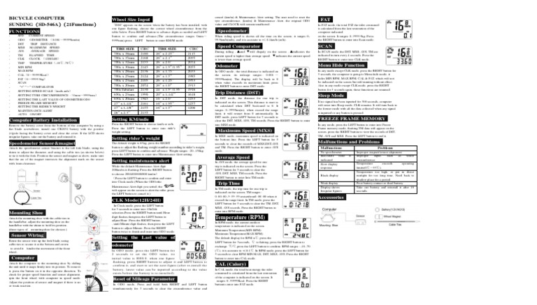 SunDing SD546A Bicycle Computer Manual Speed