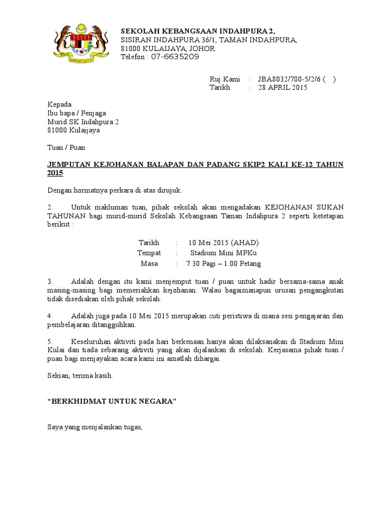 Contoh Surat Pemberitahuan Ibu Bapa