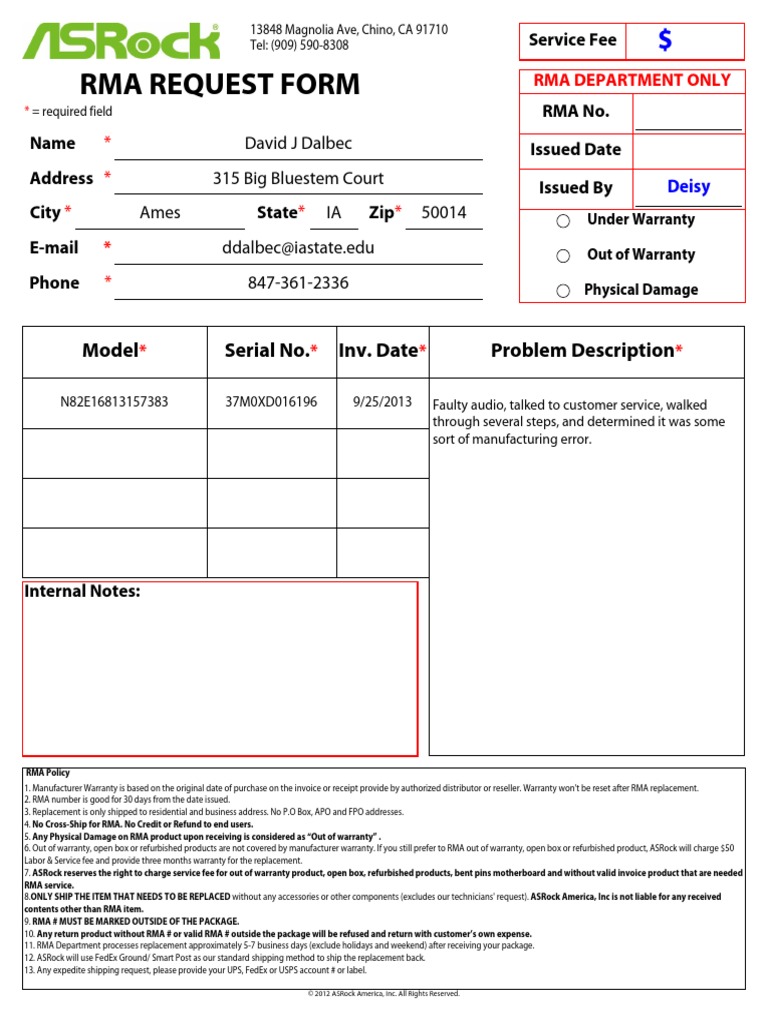 Rma Request Form: Model Serial No. Inv. Date Problem Description | PDF ...