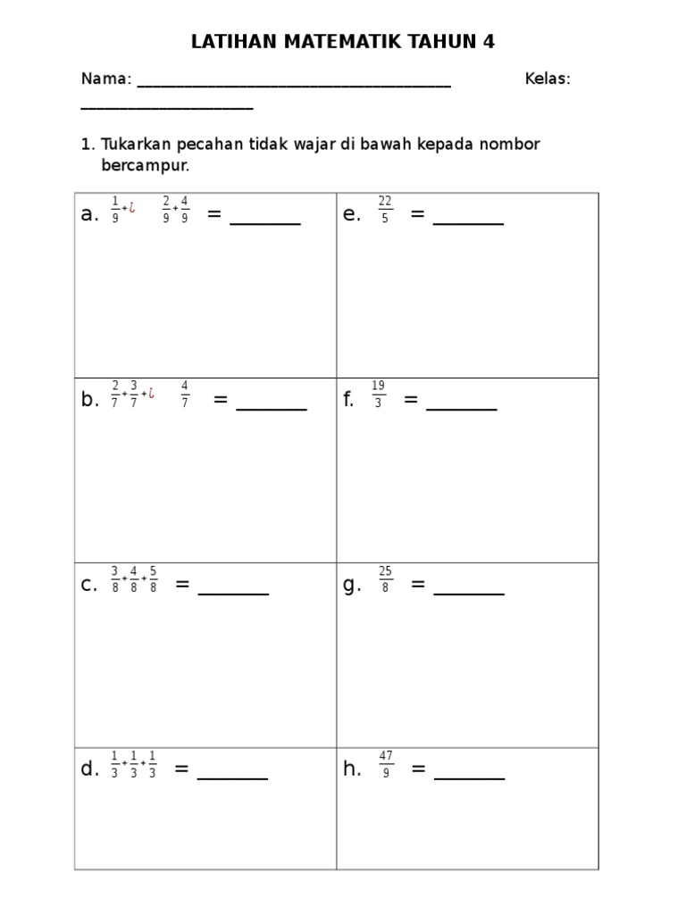 Latihan Matematik Tahun 4 Pecahan P T W Pdf