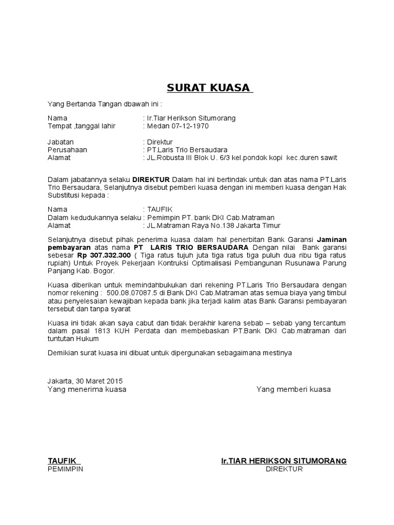 Contoh Surat Kuasa Ke Bank