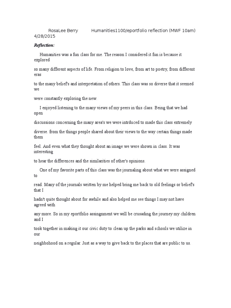Humanities Class Reflection and Eportfolio | PDF
