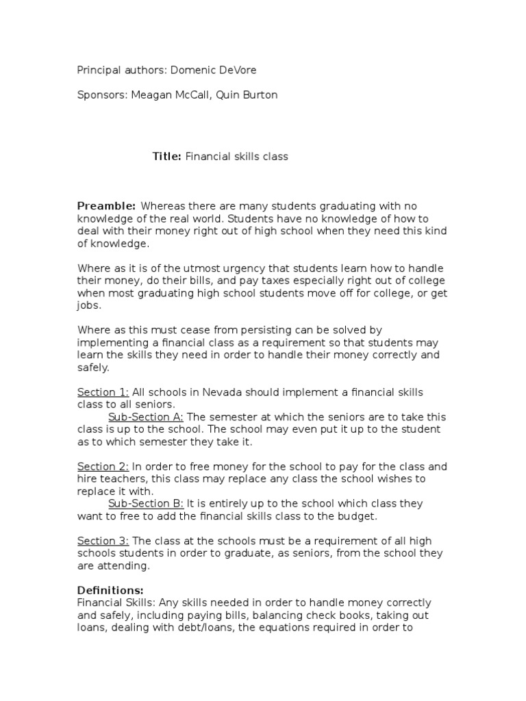 Financial Skills Classbill | PDF
