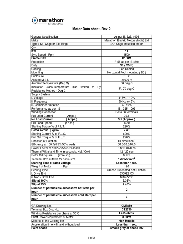 11KW SQ Cage Induction Motor Specs | PDF