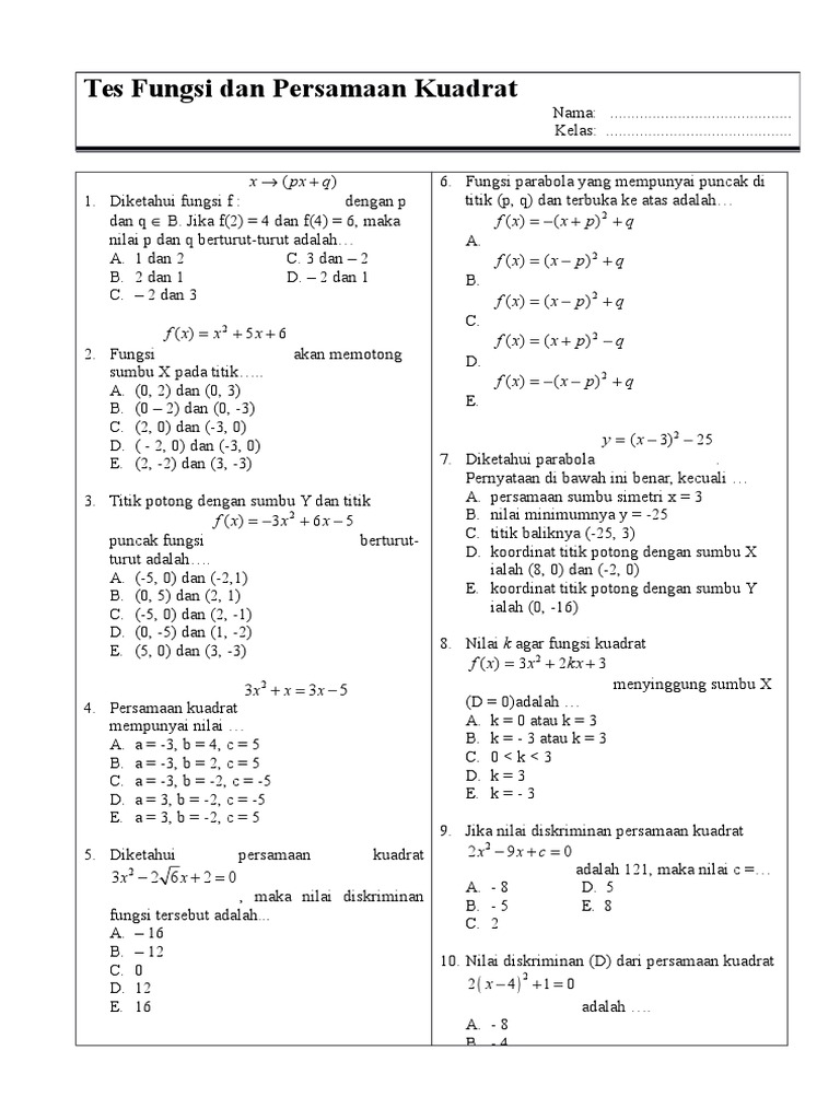 Soal Latihan Fungsi Kuadrat