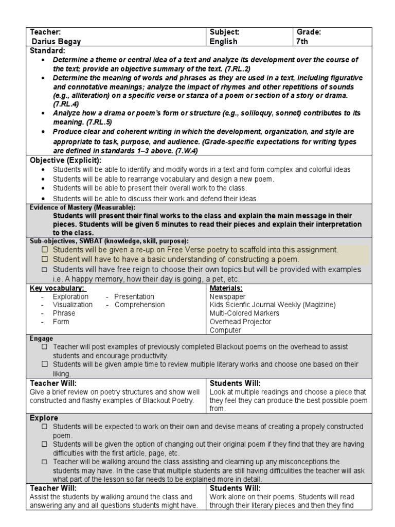 blackout poetry lesson plan (april 2015) | Poetry | Reading Comprehension
