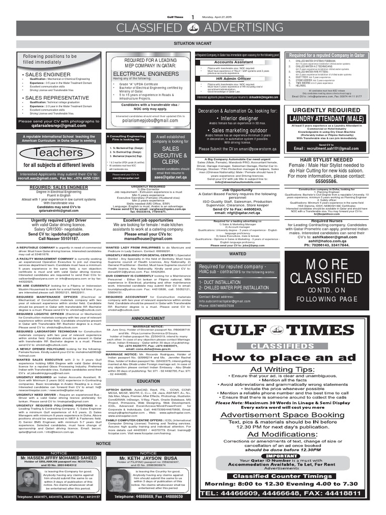Qatar Job Classifieds April 2015 | PDF | Qatar | Diploma