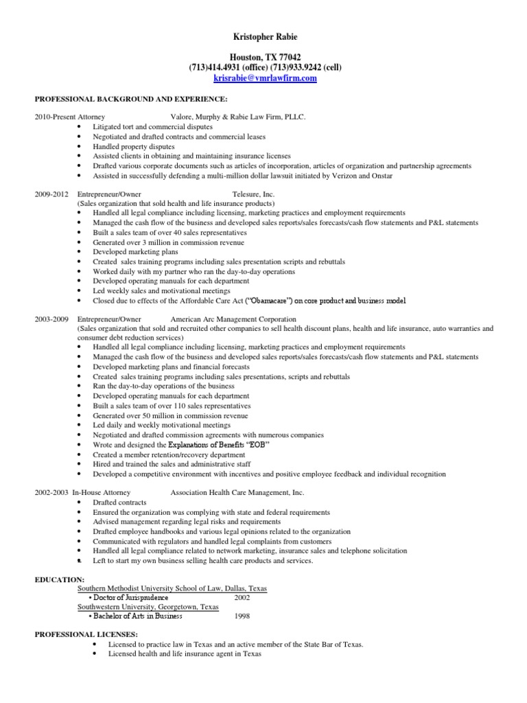 Attorney in Houston TX Resume Kristopher Rabie | PDF | Insurance | Lawyer