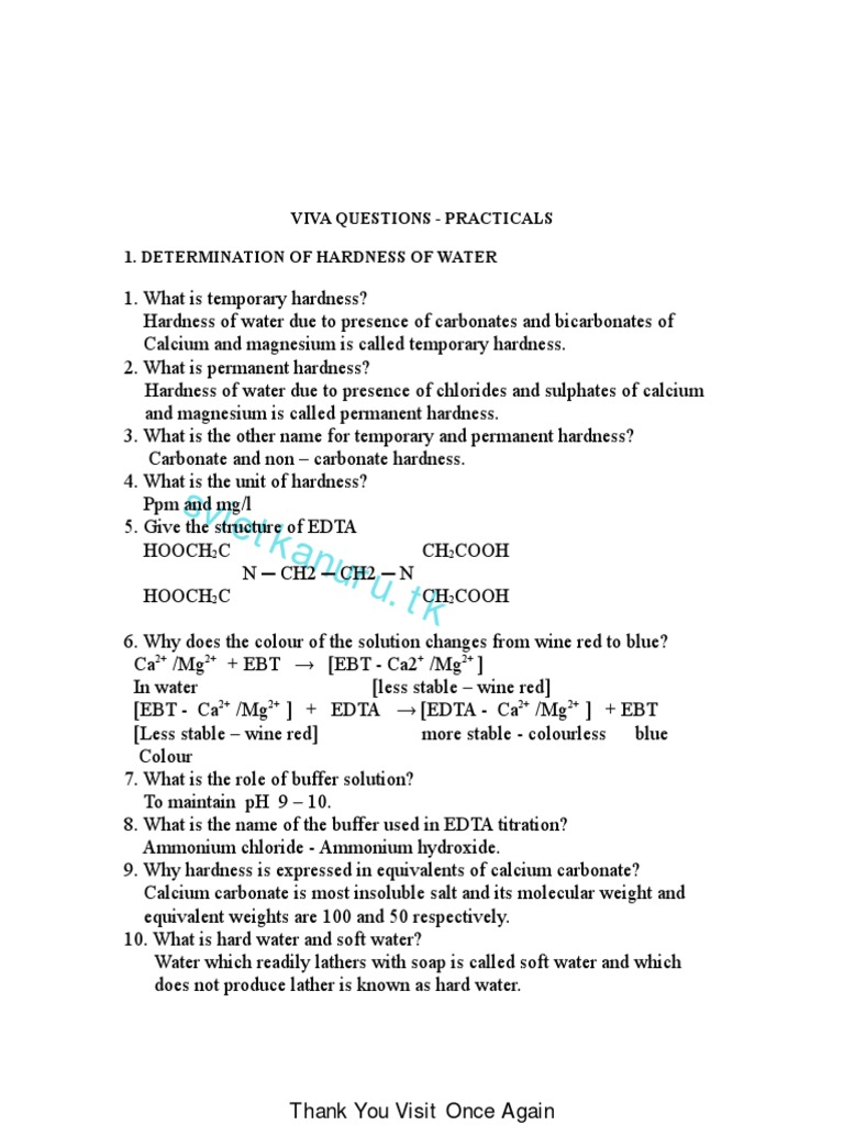 CHEMISTRY LAB VIVA Questions PDF Alkalinity Magnesium