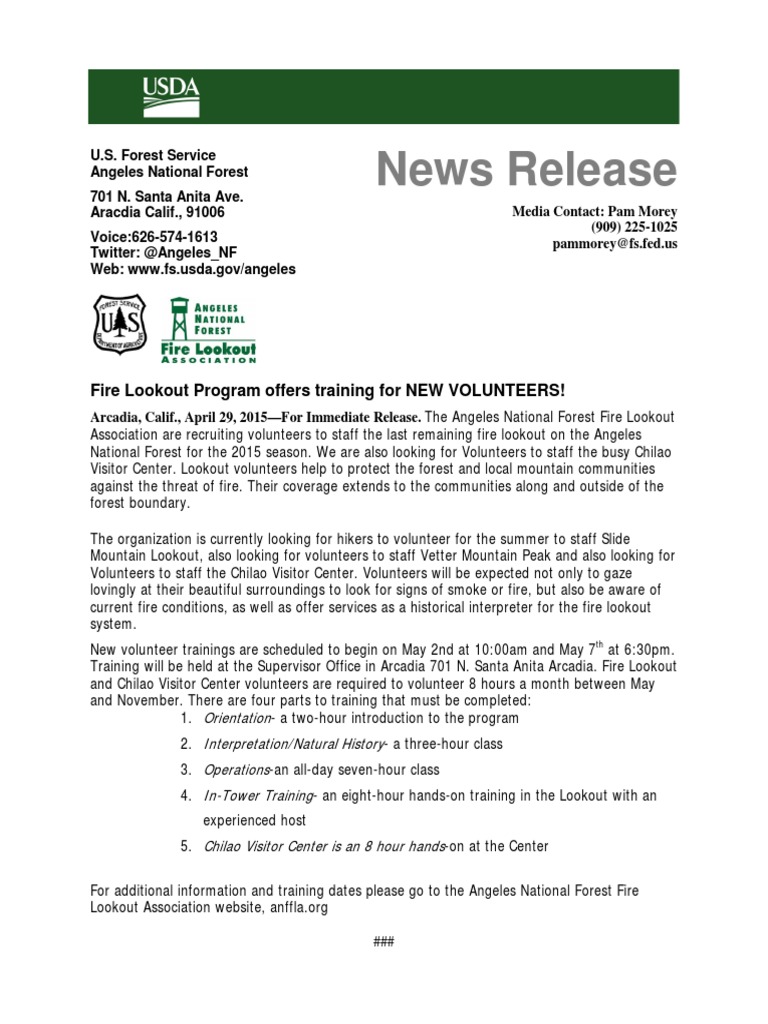 News Release: Fire Lookout Program Offers Training For NEW VOLUNTEERS ...