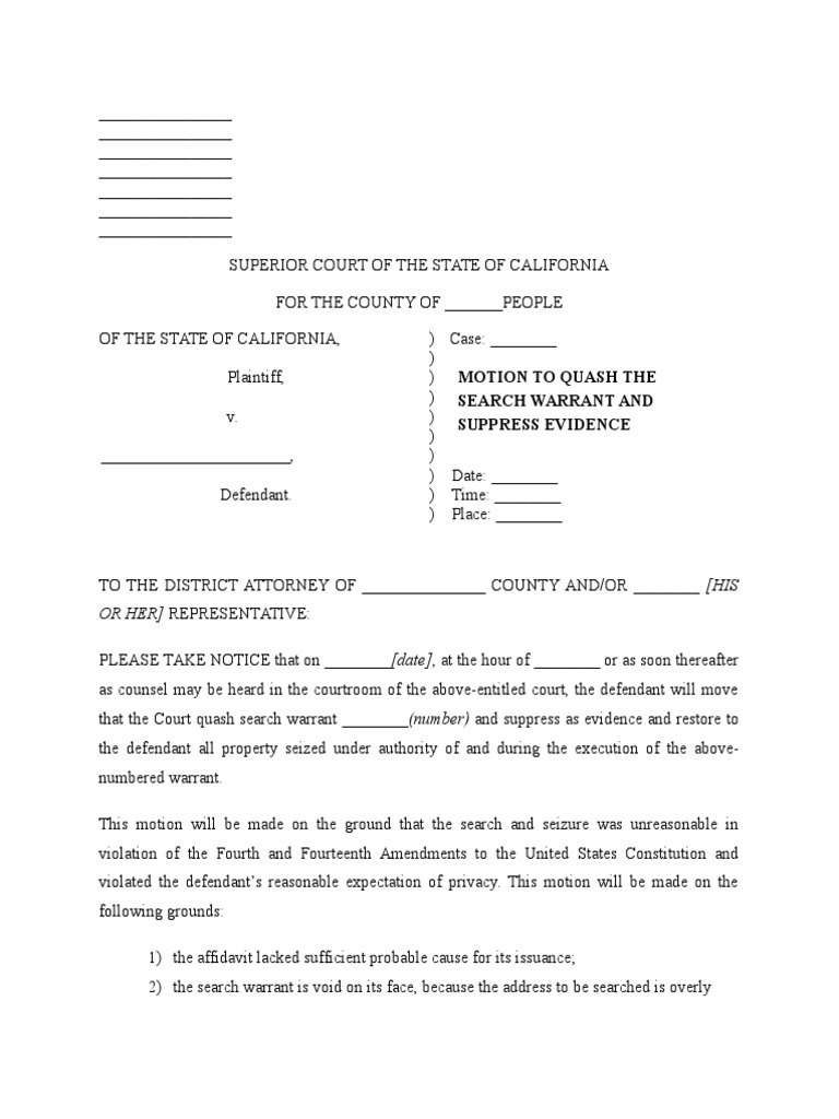 Motion to Quash the Search Warrant and Suppress Evidence Search