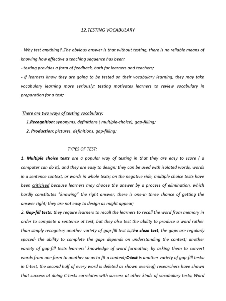 Vocabulary Testing Methods Explained | PDF | Wellness
