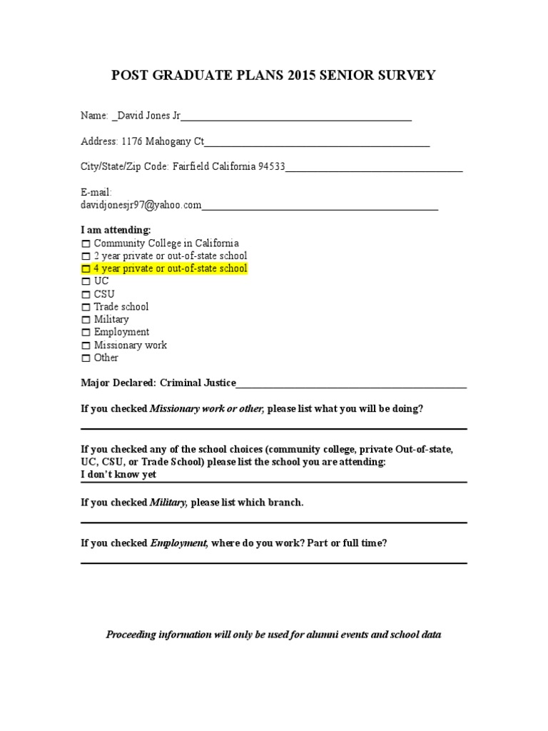 2015 Senior Survey: Postgraduate Plans | PDF