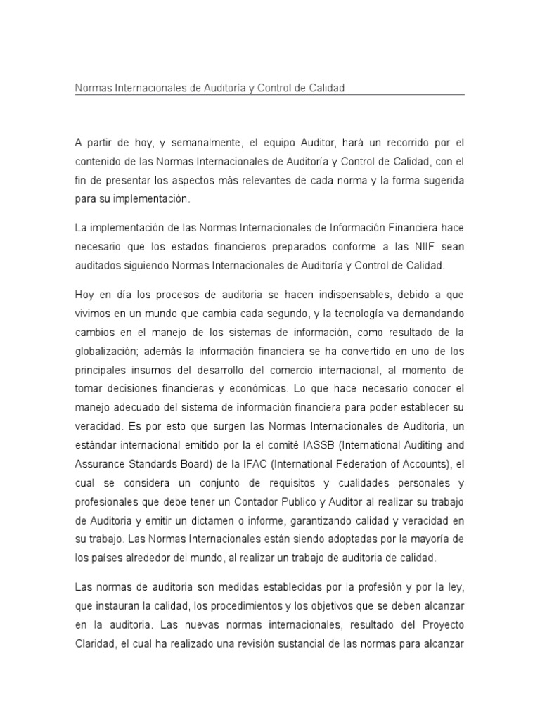 Normas Internacionales de Auditoría y Control de Calidad | PDF ...