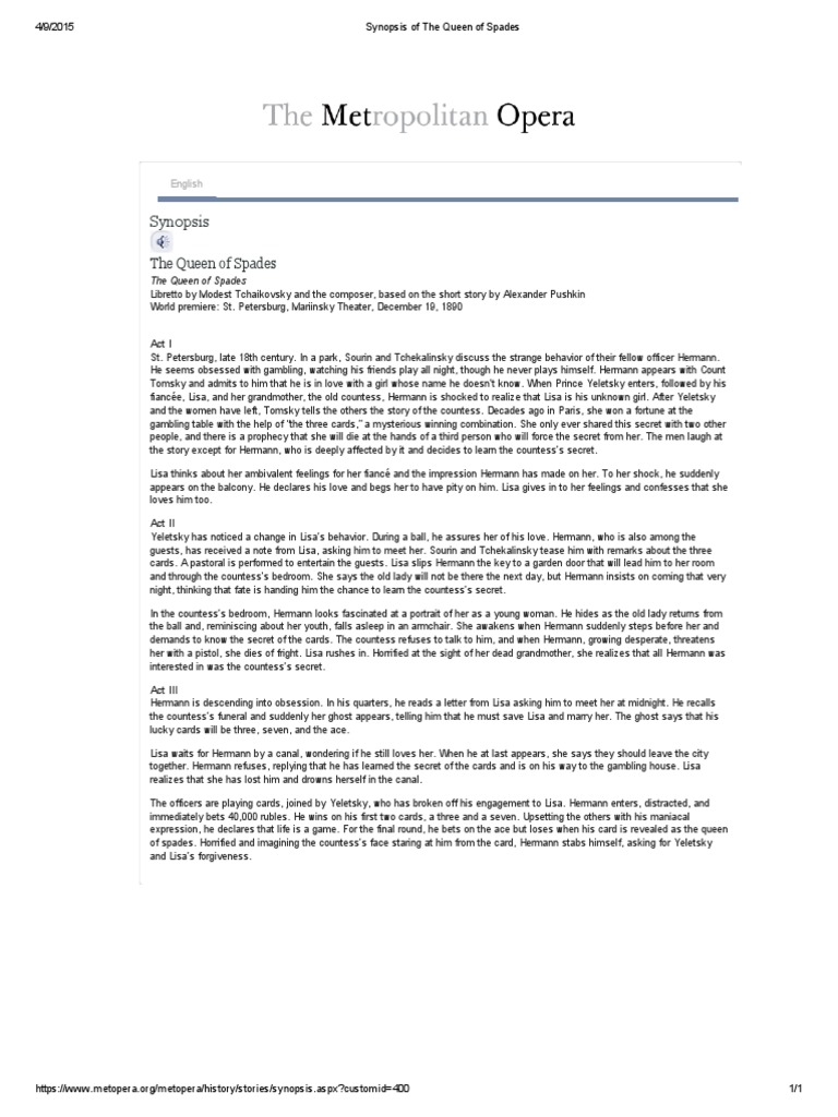 Synopsis of The Queen of Spades PDF Leisure