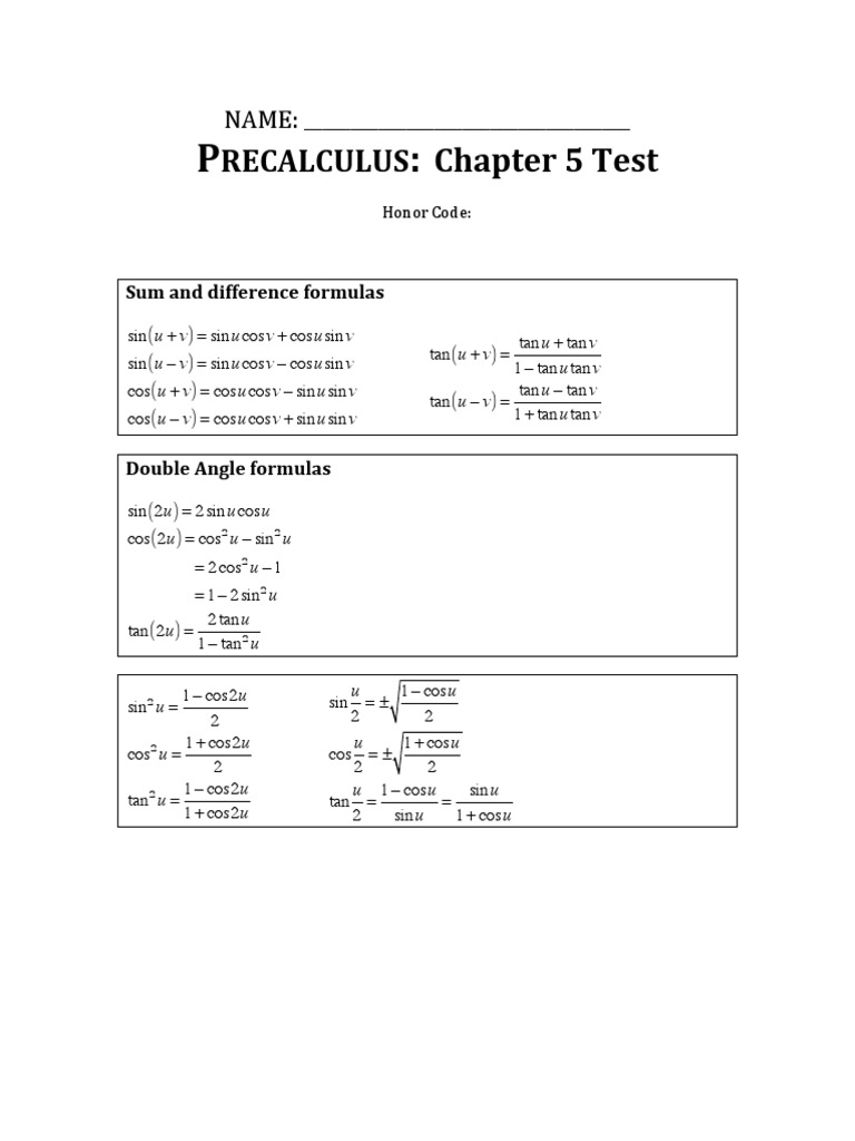 Precalculus Chapter 5 Test Formulas | PDF | Trigonometric Functions ...