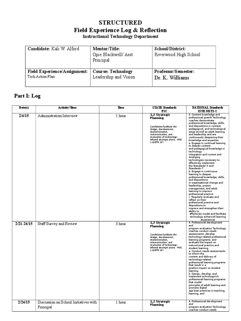 Structured Field Experience Log & Reflection PDF