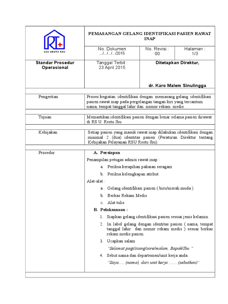 Sop Pemasangan  Gelang  Identifikasi Pasien  Rawat Inap Sop Pemasangan  Gelang  Identifikasi Pasien  Rawat Inap