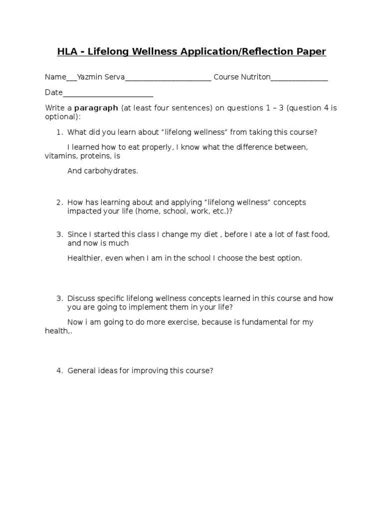 HLA - Lifelong Wellness Application/Reflection Paper | PDF