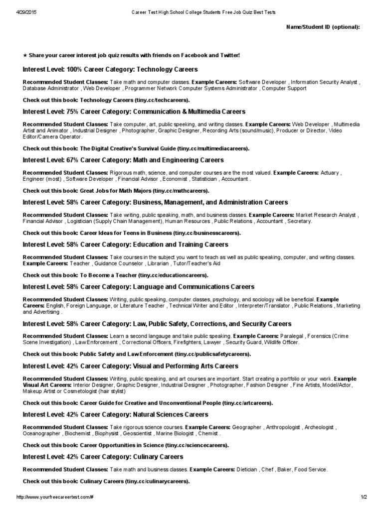 Career Test High School College Students Free Job Quiz Best Tests 