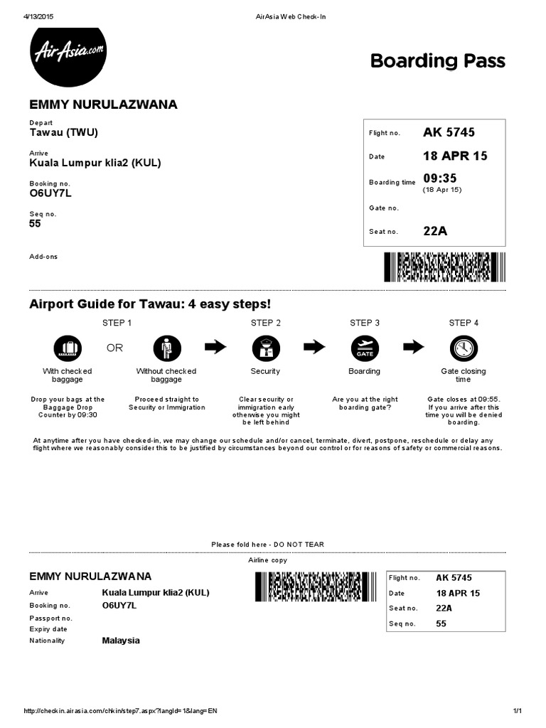 AirAsia Flight AK 5745 Check-In Guide | PDF