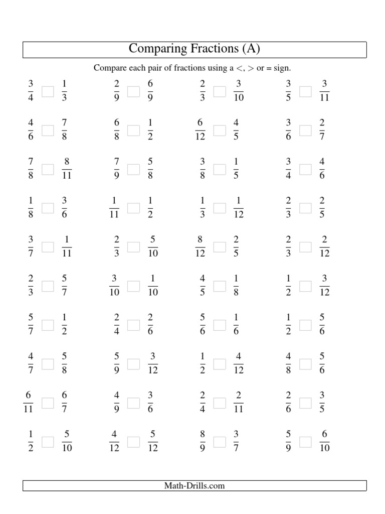 Comparing Fractions (A) : Compare Each Pair of Fractions Using A or ...