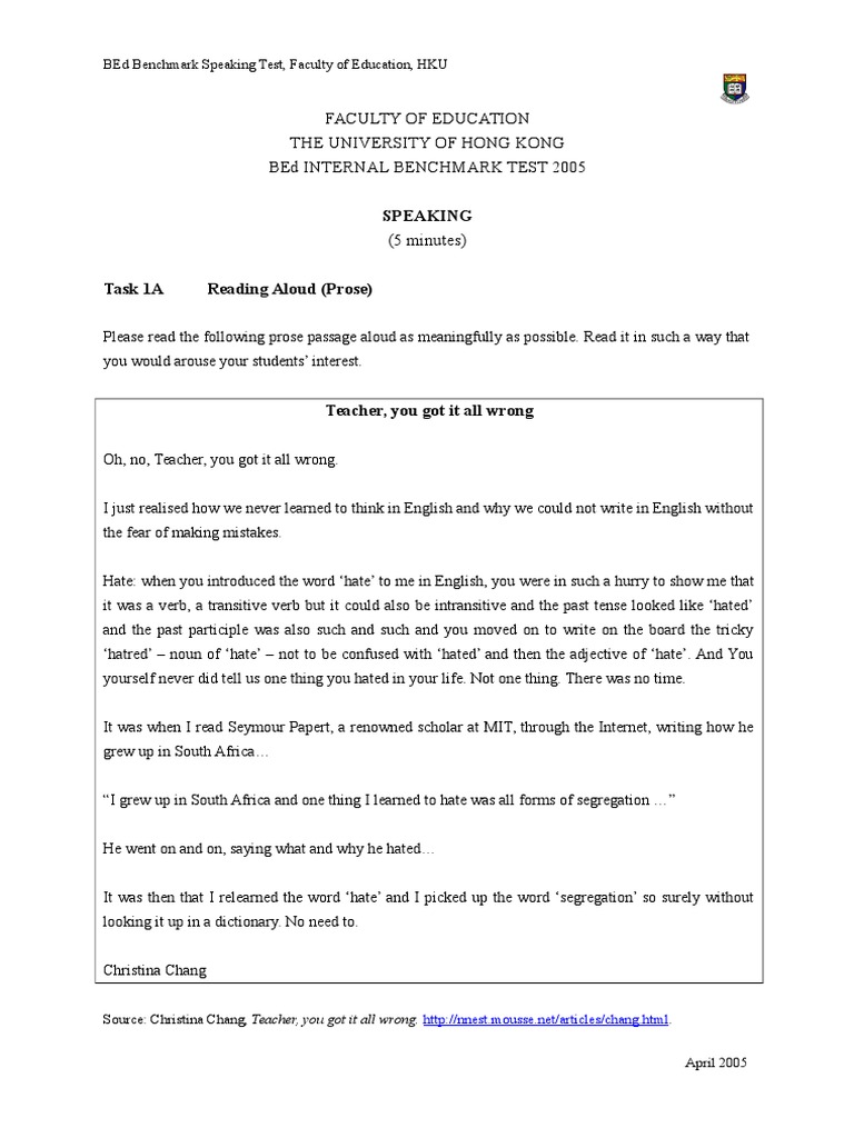 Apr 05 Bed Benchmark Speaking Test V1 Verb English Language