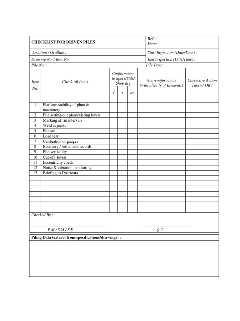 Driven Piles Inspection Checklist | PDF | Computers