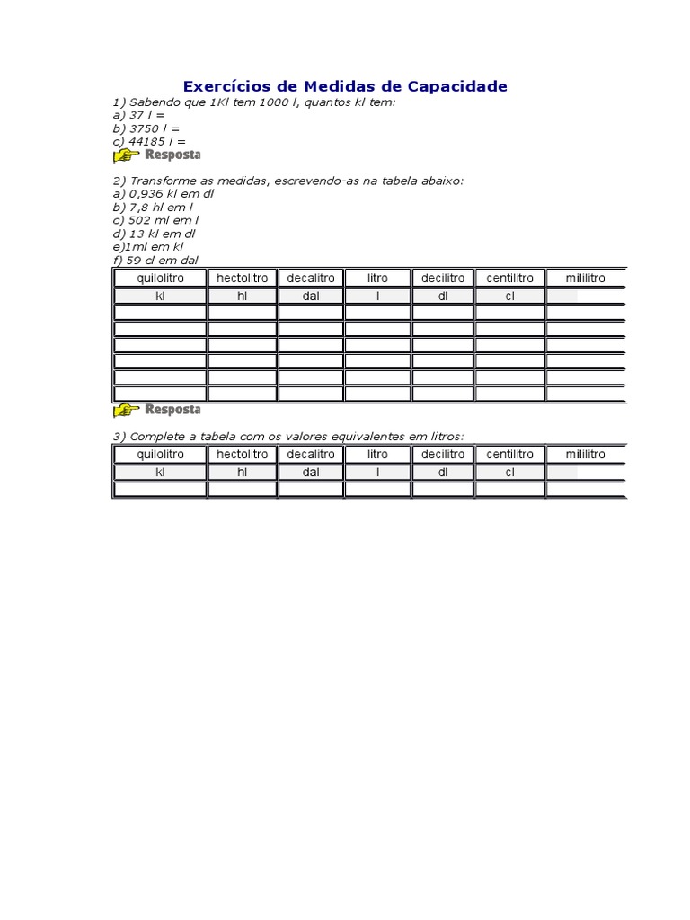 Exercicios De Medidas De Capacidade Pdf