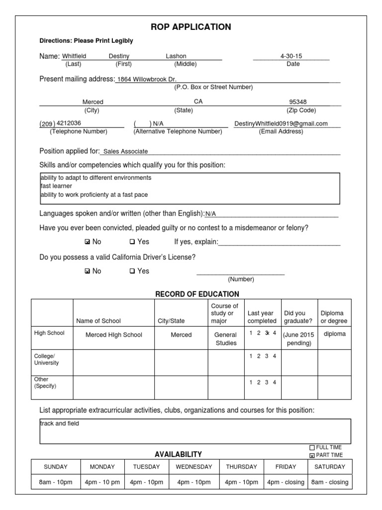 Rop Application: Directions: Please Print Legibly | PDF
