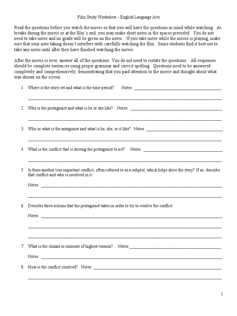 Worksheets Film Analysis Worksheet film study worksheet language arts questions semiotics psychology cognitive science