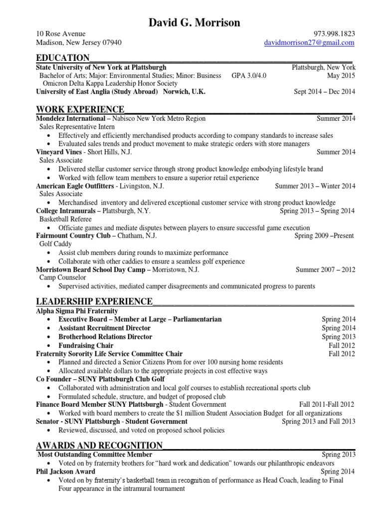 Resume David Morrison | PDF | Fraternities And Sororities | Business