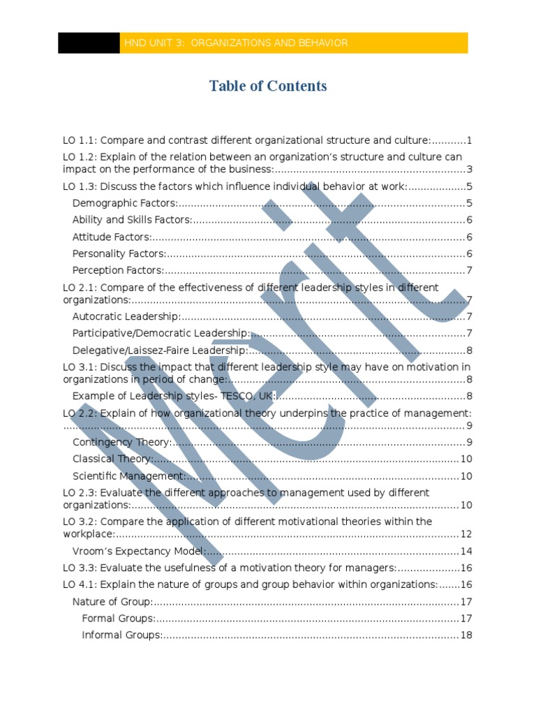 Hnd Unit 3 Organizations And Behavior Assignment Pdf Motivation