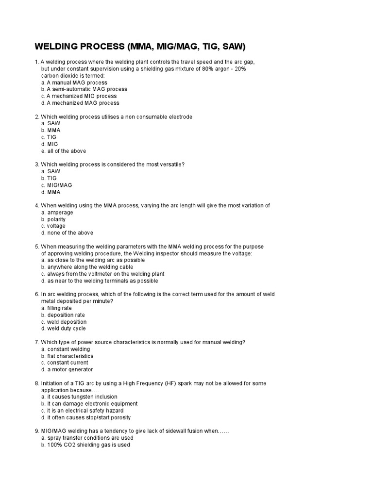 Multiple Choice 4 Welding Process PDF Welding Construction