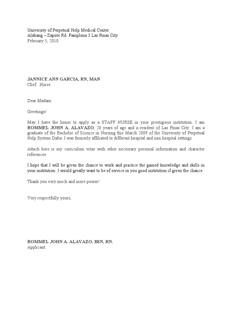 Application Letter Nurses Documents similar to Sample Nurse Application Letter