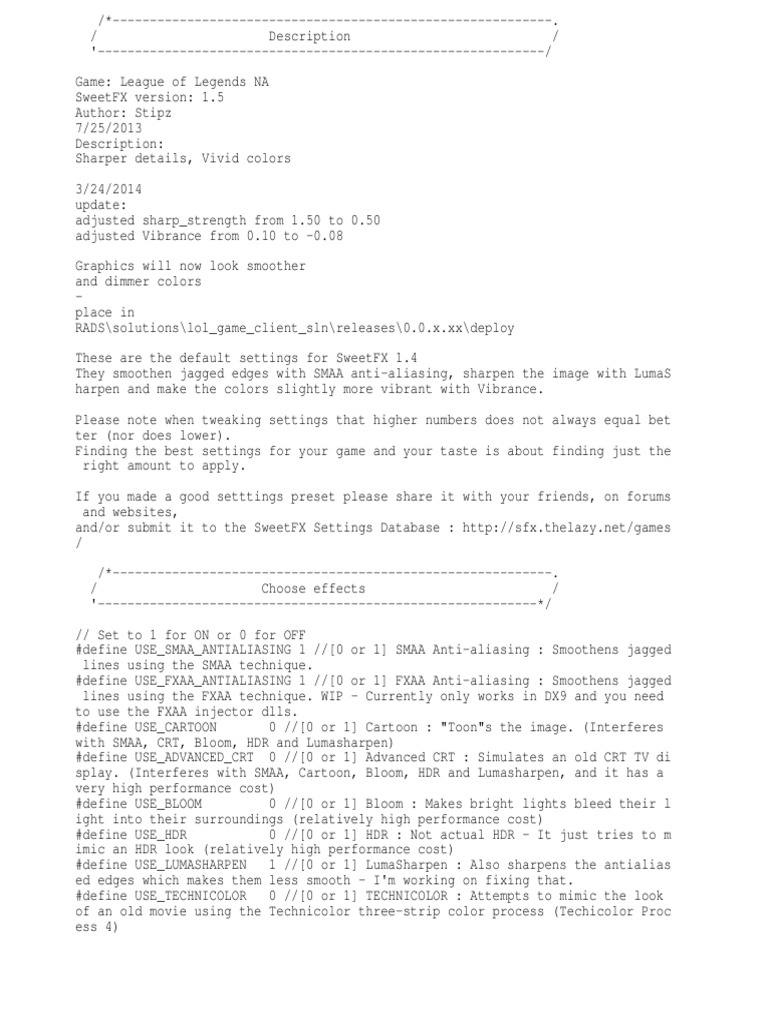 SweetFX Settings League of Legends LoLSuperHigh PDF Rgb Color