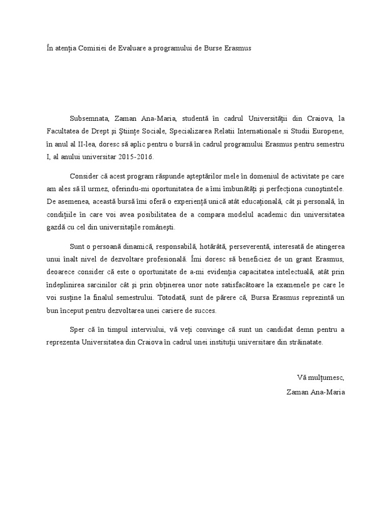 Scrisoare de Intentie Erasmus