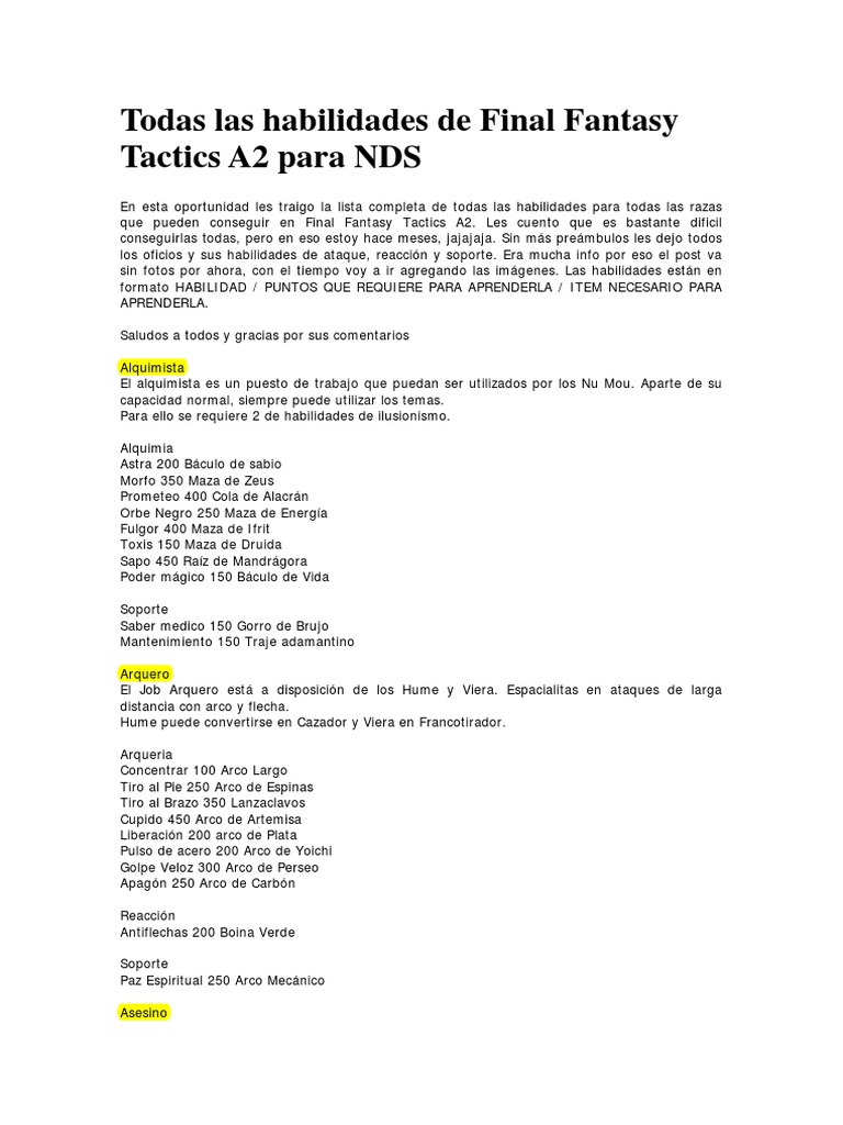 Guia Final Fantasy Tactics A2 Habilidades1 | PDF | Espada | Esgrima