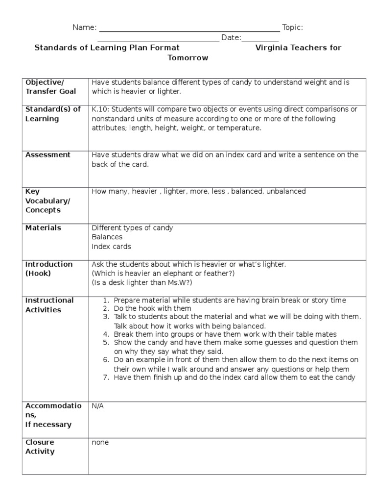 Standards of Learning Plan Format Virginia Teachers For Tomorrow | PDF ...