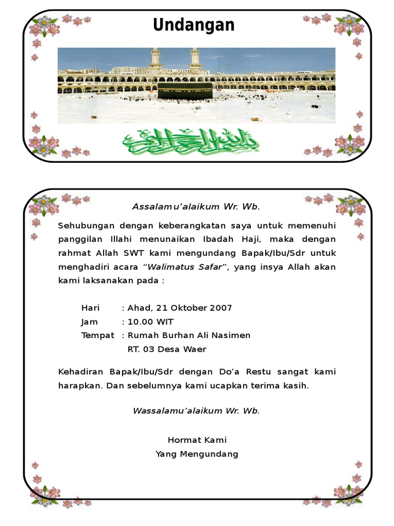 Contoh Surat Undangan Walimatussafar Haji