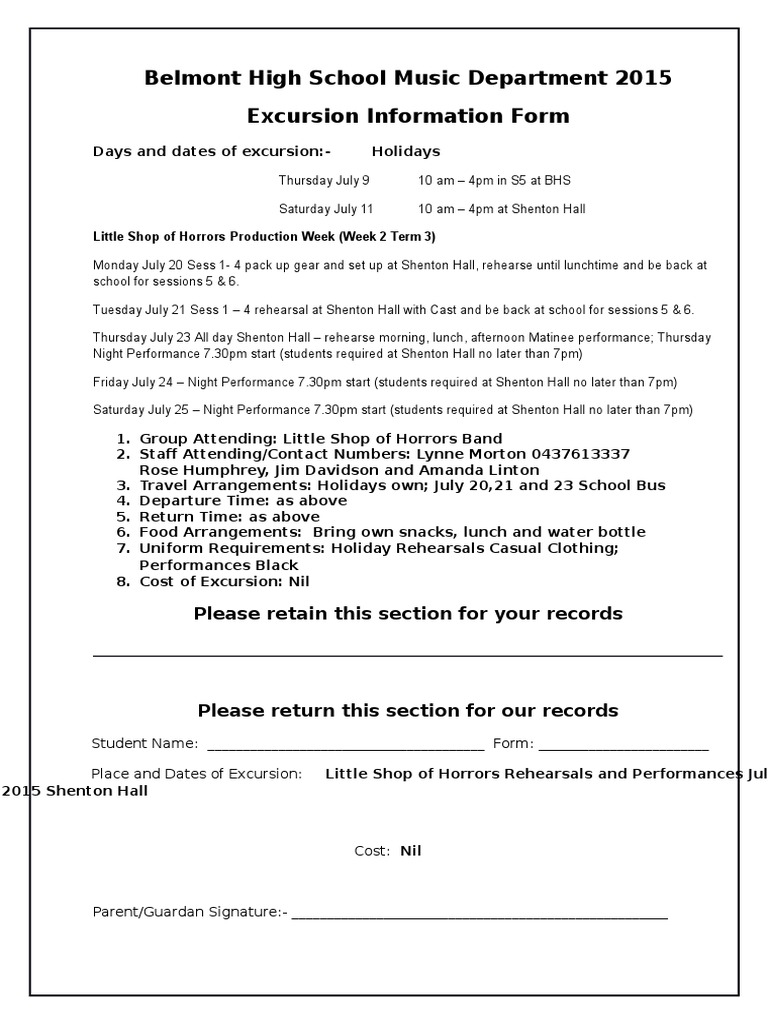 Belmont High Music Excursion Info 2015 | PDF