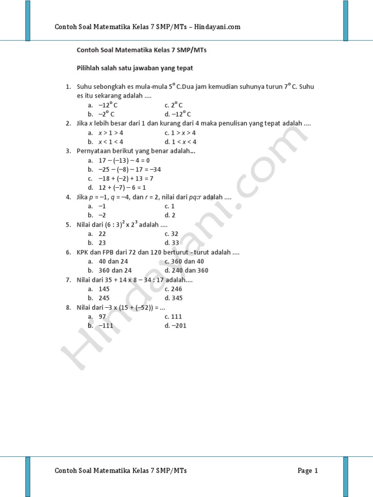 Contoh Soal Matematika Kelas 7 Smp Mts