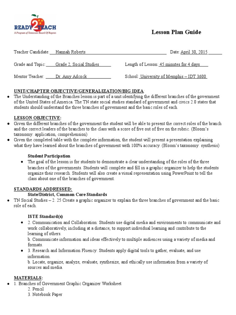 Lesson Plan Guide: Unit/Chapter Objective/Generalization/Big Idea | PDF ...