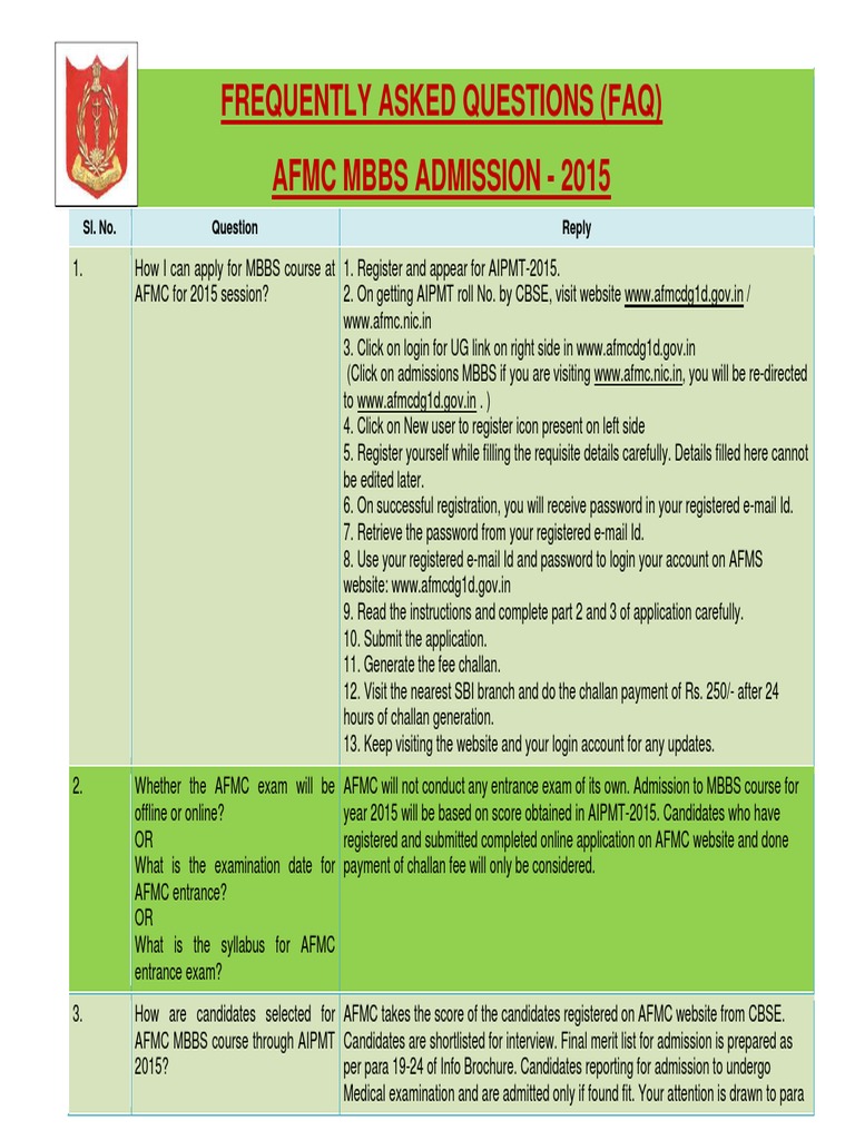 AFMC MBBS Admission FAQ 2015 | PDF | University And College Admission ...